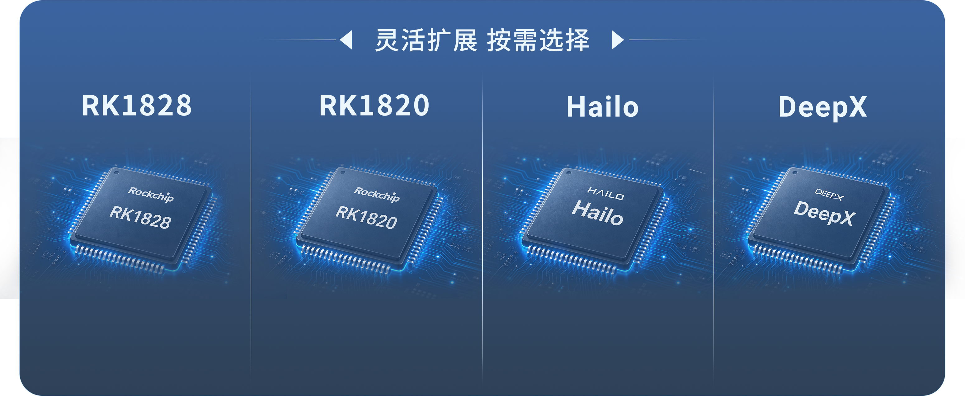 灵活扩展按需选择，支持 RK1828、RK1820、Hailo、DeepX AI算力模块